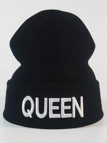 绣有国王和王后图案的针织帽，男女皆宜的冬季针织帽，欧美情侣款卷边宽松帽，畅销保暖帽 - 黑色 - 查看 8