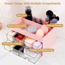 1个带抽屉的化妆品收纳盒，大容量化妆品整理盒，化妆刷收纳架，适合存放口红、珠宝、美甲用品、护肤品，可用于浴室梳妆台、桌面装饰、文具、返校用品、节日礼物等。 - 彩色 - 查看 6