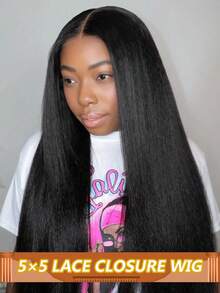 卷曲直发真人发假发 5*5 蕾丝闭合假发 适合初学者 Yaki 直发蕾丝前假发 Remy 真人发 180% 密度 - Natural Black - 查看 2