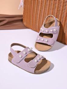 女童蕾丝花卉绒面革凉鞋 – 可调节踝带，闭趾设计，柔软鞋垫，优雅夏季幼儿派对鞋履 - 紫色 - 查看 5