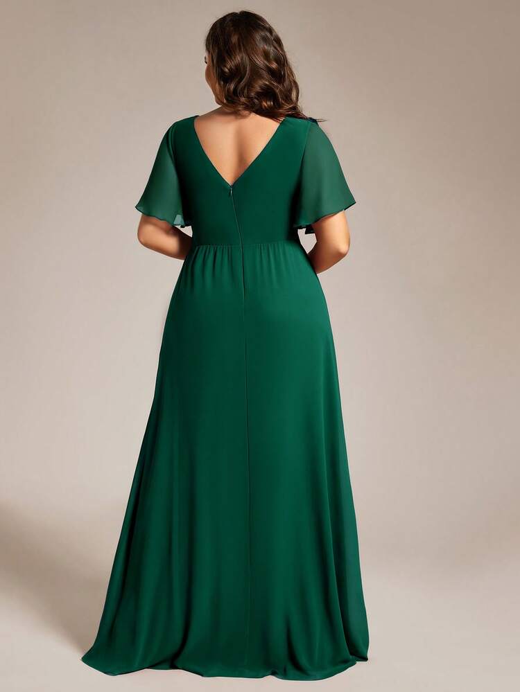 EVERPRETTY Plus Size Butterfly Sleeve V-Neck Ruched High Split Dark Green Bridesmaid Dress For Weddings, Parties, Spring Summer Wedding Guest Dresses Formal Dress Mother Of The Bride Dress Party - Dark Green - View 2