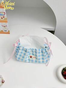 Korean Ins Style Drawstring Tissue Box, Blue & White Plaid Fabric Storage Bag, Atmosphere Decor For Desk, Suitable For Coffee Table, Dining Table, Car - Simple & Fashionable Home Essential - Multicolor - View 7