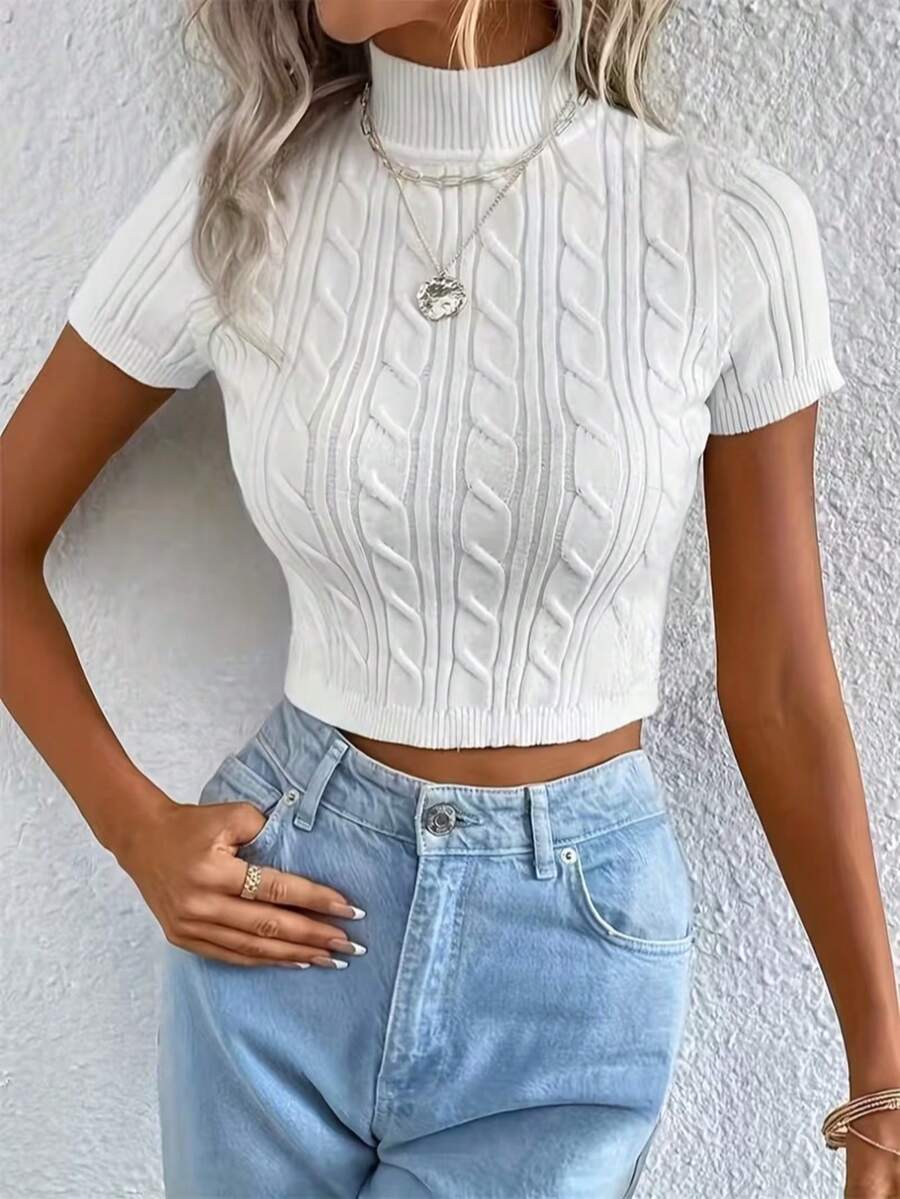 Women's White Cable Knit Cropped Top, Turtleneck Short Sleeve Ribbed Knit Sweater, Fashionable High Elasticity Autumn Top Summer - White - View 1