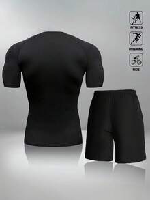 男士休闲时尚短裤短袖套装，简约设计，适合户外运动，夏季黑色 - 黑色 - 查看 2