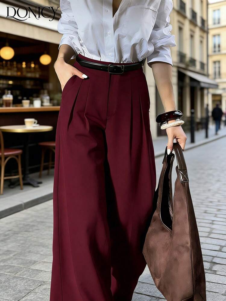 DONICY 1pc Women's Solid Burgundy High Waist Pleated Wide Leg Pants, Office Workwear Trousers, Medium Thickness Breathable Elegant Business Casual Pants, Suitable For Spring/Summer, Carnival, Valentine's Day, Commute - Burgundy - View 11
