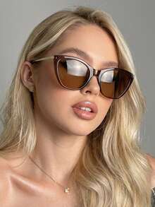 一副女士复古猫眼PC镜框眼镜，金属镜腿，时尚街头风，复古别致 - 茶色 - 查看 1