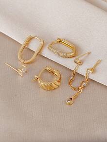 5Pcs Dainty Gold Earrings Set For Women, Cubic Zirconia Chain Drop Earrings & Huggie Hoops, Jewelry For Party & Date Night - Yellow Gold - View 4