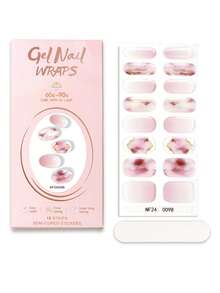 16片半固化凝胶美甲贴纸，优雅精致的裸粉色波浪金线设计水晶美甲贴纸，柔和色调搭配金色装饰，沙龙品质，需配合UV灯使用，适合女性和女孩日常通勤、约会、DIY快速美甲，时尚美甲用品 - 西瓜粉 - 查看 6