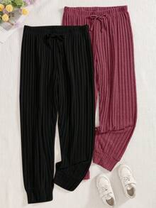 2pcs Women's Plus Size Ribbed Cuffed Pajama Pants, All-Season Elastic Dual Pocket Design Practical Sleepwear, Can Be Worn As Loungewear - Multicolor - View 6