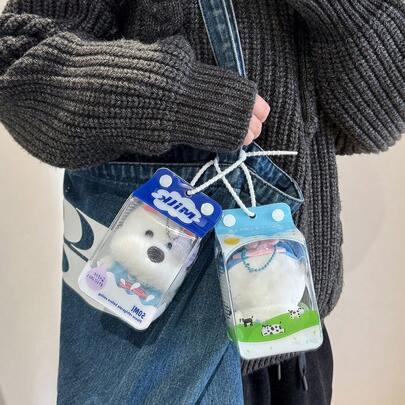 Mochila transparente de PVC con diseño de dibujos animados kawaii, bolsa de almacenamiento con figura de muñeca de caja de leche, accesorio de llavero, regalo de cumpleaños para niñas