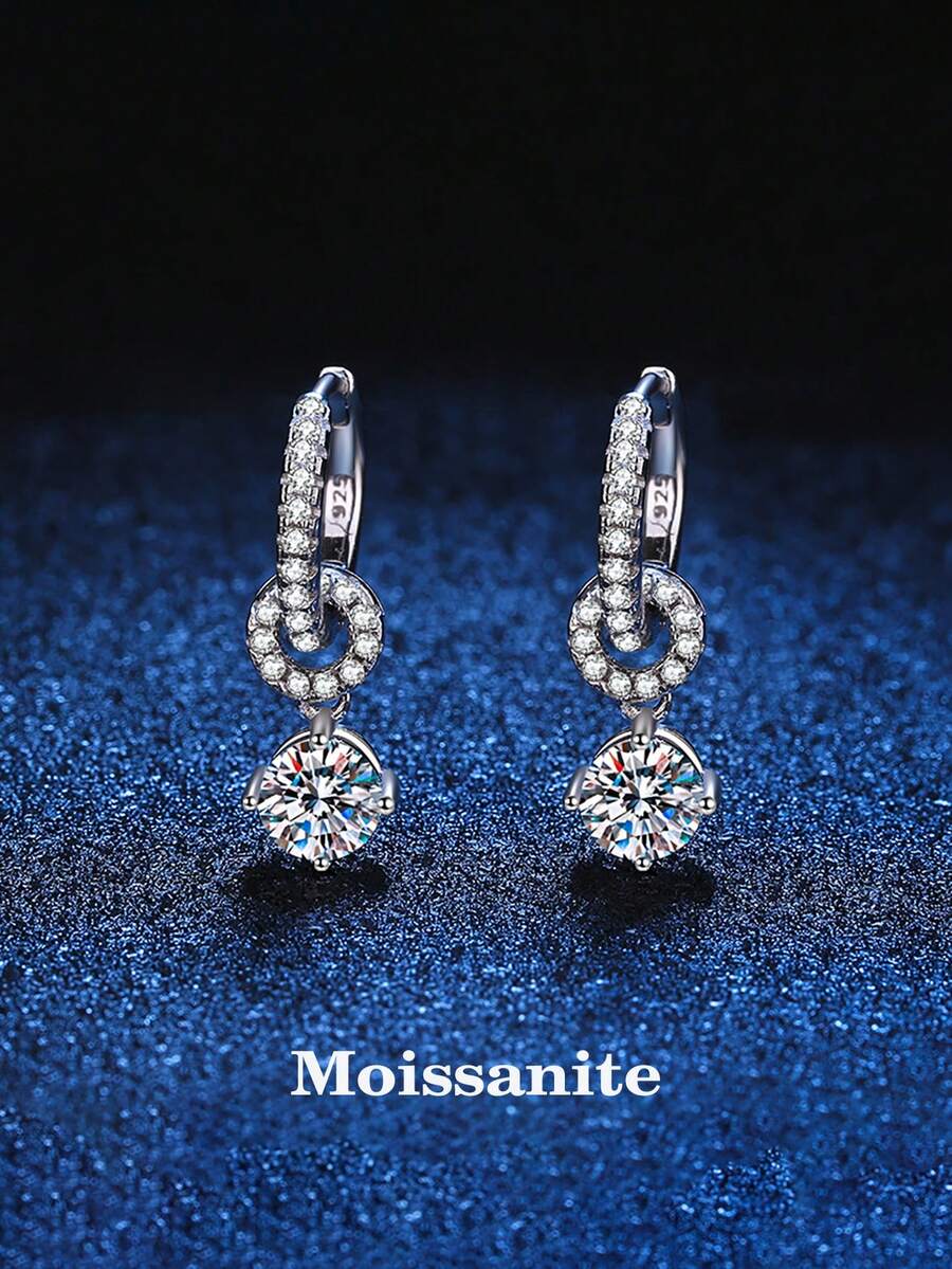 BLOVEMEE 2pcs Fashionable Luxury 925 Silver 0.5-1 Carat Moissanite Earrings, Suitable For Women's Daily Wear, Party, Vacation, Valentine's Day, Mother's Day, Wedding Anniversary, Christmas, Birthday Jewelry Gift - Silver - View 1
