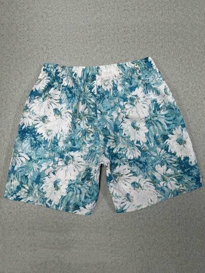1-Pc Men's Blue White Shorts, Tie-Dye Floral Print, Beach Shorts & Swim Trunks, Men's Shorts,Vacation Hawaiian Style Bottoms, Ideal For Summer Beach Getaways