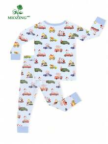 MIOZING  2pcs Ultra Soft Bamboo Viscose Baby Pajama Set, Long Sleeve Top & Pants Loungewear, Trucks, Cars & Heart Print,Breathable Stretchy Sleepwear For Toddler Boys - Màu xanh nhạt - Xem 2