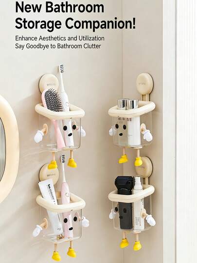 1 pieza Papelera con ventosa montada en la pared, Soporte para cepillo de dientes de dibujos animados lindo, Diseño con ventosa sin perforación, Caja de almacenamiento multifuncional transparente para el baño, Organizador de cepillo de dientes y utensilios, Color aleatorio para manos y pies, Soporte para cepillo de dientes, Recipiente