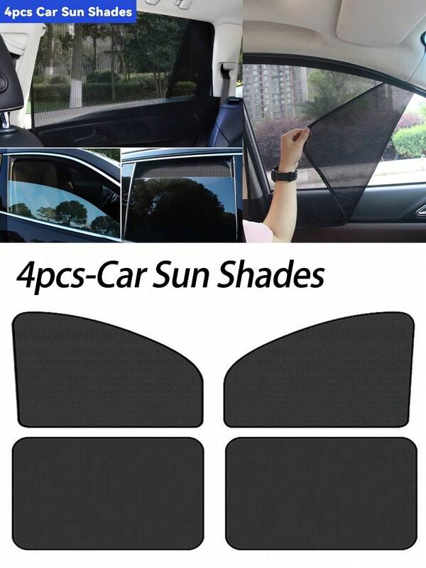 4pcs Magnetic Non-Automatic Retractable Car Sunshade Shields, Front Window & Side Curtain Thermal Insulation Net For Cars, Uv Blocker,No Hook Easy Install,Magnetic Car Sunshade Curtains - Black Mesh Design For Uv Protection, Heat Insulation, And Easy Installation On Windshield Or Window,Summer Sun Protection,Summer Car Cooler Accessories,Summer Travel Essentials,Car Accessories Must-Have