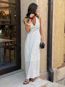 Unadoll Women's Summer Low Cut, Long Tie Neck, Backless, Zipper, Polka Dot Fabric Sexy And Elegant Dress, Suitable For Dates, Vacations, Parties, Dinners, Valentine's Day, Birthdays And Other Occasions - White - View 5