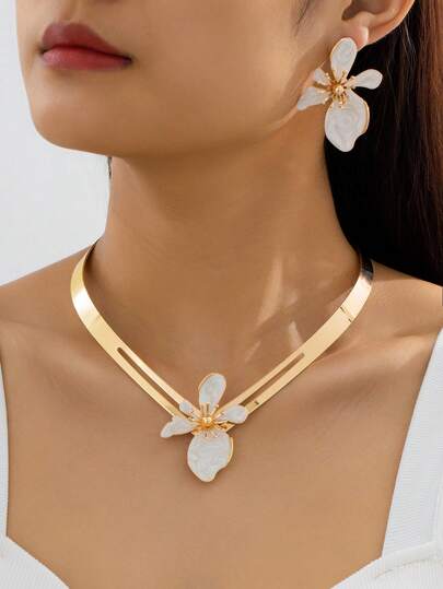2 pièces/set Collier ras-du-cou et boucles d'oreilles à fleurs pour femmes, style élégant pour fête, mariage, vacances, cadeau
