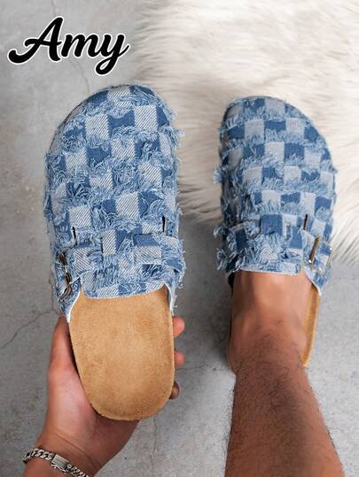 Men's Mule Shoes New Vintage Slip-On Loafers Casual Slouchy Shoes, Closed Toe Flat Mules With Adjustable Strap, Cotton-Padded For Autumn/Winter Or Non-Padded All Season