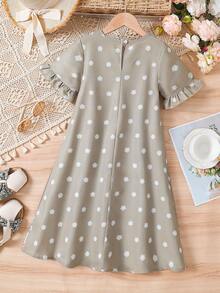 1 pieza Vestido largo de verano con cuello en V, mangas con volantes y estampado floral para niñas - Caqui - Ver 2