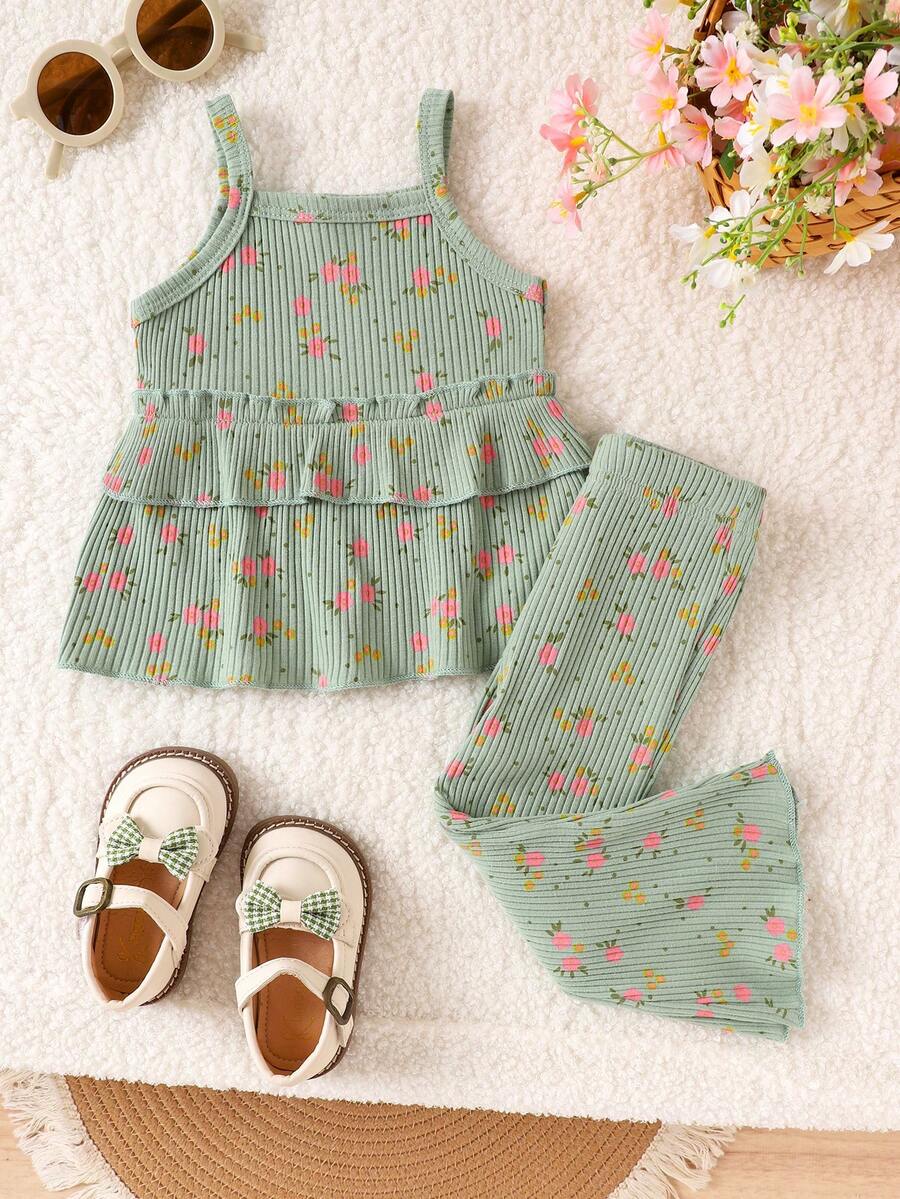 2pcs Baby/Toddler Girls' Cute Fresh Green Floral Print Camisole Ribbed Top + Pants Set, Spring/Summer, Nature Style - Green - View 1