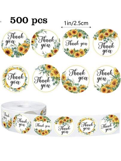 500pcs/Roll Sunflower Thank You Stickers, 1 Inch Round 8 Patterns, English "Thank You" Text, New Year Christmas Party Gift Packaging DIY, Office Supplies Sunflower Stickers Labels Party Envelopes Cards Gifts DIY PVC Waterproof Sticker Decals Scrapbook Supplies Stationery Funny Stickers Kindle