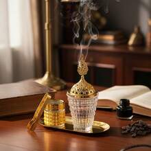 1pc Plaid Glass Lined Gold Incense Burner. Modern Luxury Fragrance Diffuser. Glass Teacup Shaped Incense Holder. Suitable For Home Decor, Patio, Balcony, Outdoor Space, Indoor Tabletop, Windowsill, Homestay, Cafe, Etc. - Multicolor - View 8