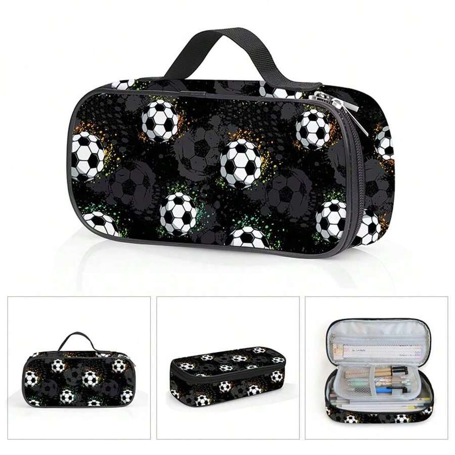 Unisex Printed Football/Game Pencil Case With Compartments, Suitable For Storing Pencils, Keys, Phones, Coins, Small Items, Multipurpose For School, Home, Gifts, Vacation, Holidays (Back To School, Christmas) - Classic Football - View 1