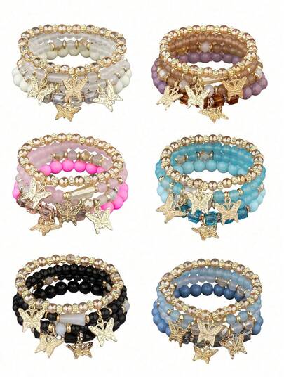 4pcs Bohemian Butterfly Crystal Stone Elastic Pendant Bracelet Set, Women/Girls Gold Beaded Stackable Elastic Bracelet, Colorful Charm Jewelry, Boho Summer Beach Style