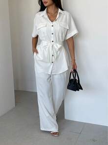 Women's Elegant Turndown Collar Solid Color Loose Fit Single Breasted Short Sleeve Jumpsuit, Casual Summer - White - View 3