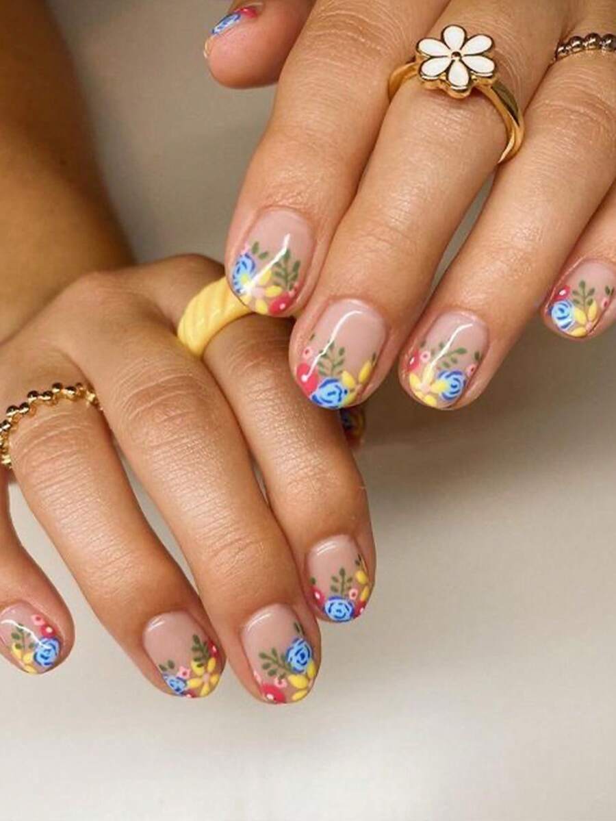 24片可爱方形按压式假指甲粉色短指甲彩色花朵亚克力法式假指甲女士棺材形指甲 - 彩色 - 查看 1