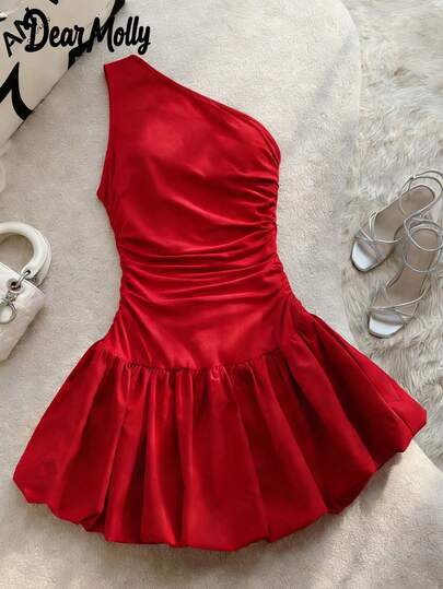 Vestido corto sin mangas con hombro asimétrico elegante para mujer DEAR MOLLY, adecuado para usar como vestido de noche, apropiado para salidas, fiestas, citas, regalo del Día de San Valentín, atuendo de Año Nuevo
