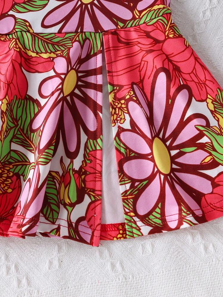 两件套女童热带印花露背吊带背心和中长鱼尾裙，适合海滩和度假穿着 - 彩色 - 查看 10