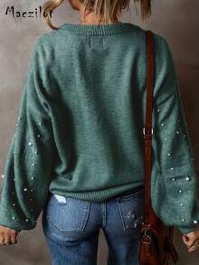 Plus Size Elegant Pearl Embellished Knitted Pullover Sweater For Women, Autumn/Winter - Green - View 3