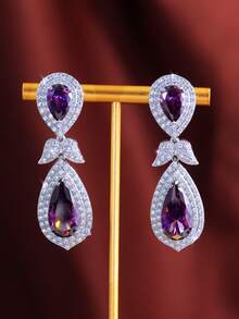 1 Pair Luxurious Purple Water Drop Cubic Zirconia Long Leaf Dangle Earrings, Silver Plated CZ Women Elegant Jewelry For Brides, Bridesmaids, Engagement, Banquet, Party, Prom, Valentine's Gift - Purple - View 8