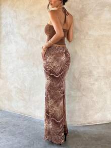 棕色两件套，吊带背心（前后系带设计，金色圆圈装饰，弹力针织面料），高腰长裙（蛇纹/豹纹迷彩印花）——性感时尚，适合海滩度假、休闲派对、约会之夜、购物、夏季聚会、日常穿搭。 - 棕色 - 查看 4