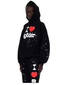 Sp5der I Heart SP5 Souvenir Hoodie Black And Matching Sweatpants Set | Premium Heavyweight Layering Outerwear |Unisex For Both Men And Women | Perfect Streetwear Set | Loungewear And Daily Casual Wear Set - Đen/bộ - Xem 5