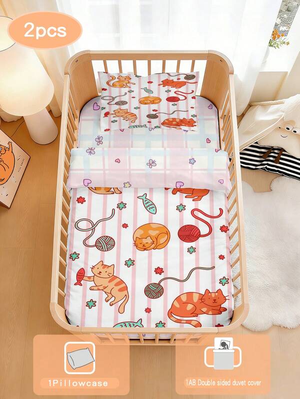 1 Set Of Woolen Cat And Baby Duvet Covers, Made Of Polyester Material And Digitally Printed, Suitable For Babies, Gifts, All Seasons, Animals, Baby Beds, Including 1 Double-Sided Duvet Cover And 1 Single-Sided Pillowcase.