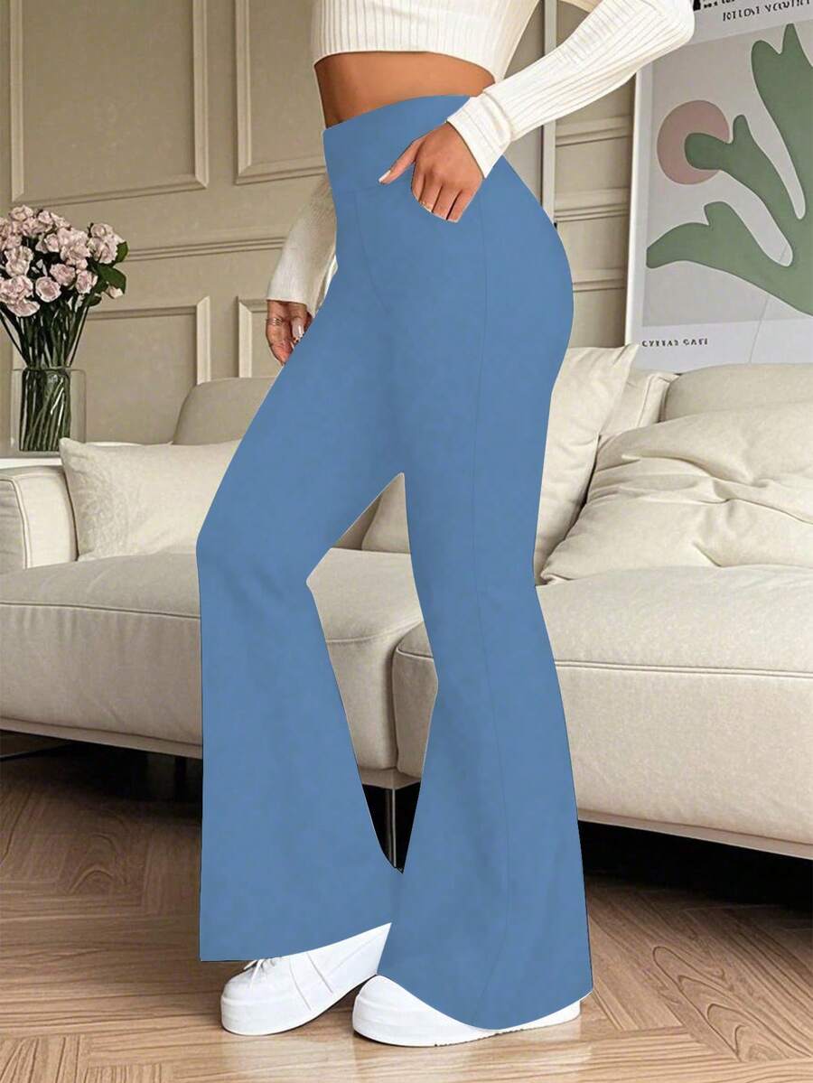 Quần ống loe cạp cao màu trơn dành cho nữ, có túi bên hông, phù hợp cho mặc thường ngày, thể thao, yoga, quần legging bó sát, chạy bộ, tập thể dục mùa xuân. - Xanh da trời - Xem 1