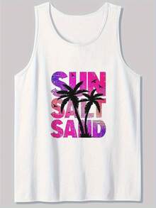 Men'S Vibrant Sunset Palm Tree Print Sleeveless Tank Top - Casual Loose Fit, Breathable Cotton, Round Neck, Perfect For Beach & Summer Vibes, Beach Tank Top Minimalist, Modern, And Made For Versatility. This Sleeveless Tank Top Is The Ultimate Building Block For Countless Outfits-Durable, Easy To Care For, And Designed To Last, It's A Smart Investment For Any Wardrobe. Grab Yours Today And Experience Effortless Style At Its Best! - 白色 - 查看 1