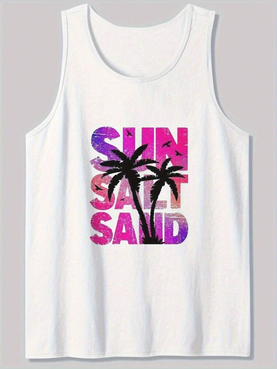 Men'S Vibrant Sunset Palm Tree Print Sleeveless Tank Top - Casual Loose Fit, Breathable Cotton, Round Neck, Perfect For Beach & Summer Vibes, Beach Tank Top Minimalist, Modern, And Made For Versatility. This Sleeveless Tank Top Is The Ultimate Building Block For Countless Outfits-Durable, Easy To Care For, And Designed To Last, It's A Smart Investment For Any Wardrobe. Grab Yours Today And Experience Effortless Style At Its Best! - 白色 - 查看 1