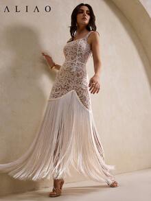 Aliao 精美佩斯利刺绣网纱拼接流苏收腰长裙，新年、情人节、优雅女士、海滩装、感恩节装、毕业典礼、音乐会女装、早午餐女装、端庄女装、复古风格、女士连衣裙、舞会礼服、返校节礼服、宫廷风白色夏季 - 白色 - 查看 1