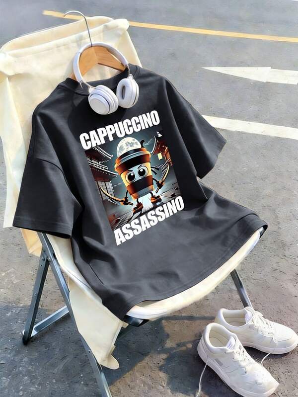 This Toddler Boys' Short Sleeve T-Shirt Features A Unique Cappuccino Print Design, With A Soft Round Neck, Making It A Casual Dark Gray T-Shirt.