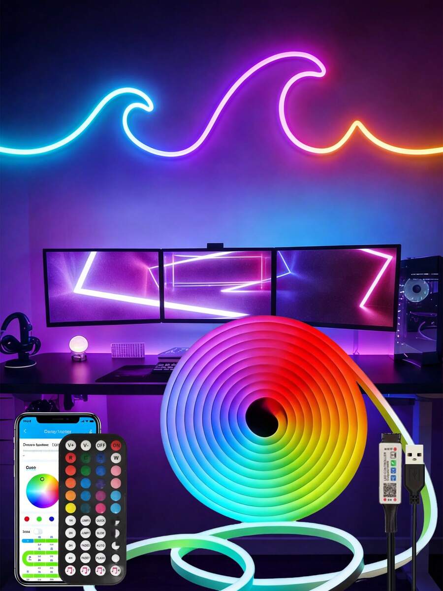 1m/2m/3 Meters/4m/5m Flexible LED Neon Light, With 44-Key Remote Control, USB Power Switch Dimmable, Suitable For Bedroom, Living Room, Display Cabinet, Bathroom Mirror Backlight, Home Decor And Party Atmosphere