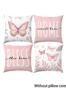 4 件套浅粉色蝴蝶叶子印花枕套，适用于客厅和卧室，涤纶材质，可机洗 - 粉色 - 查看 11