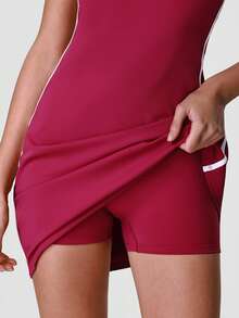Sodalemon Women's Contrast Color Workout Fitness Dress, Elastic Sports Casual Yoga Dress With Contrast Lining Summer - Red Violet - View 4