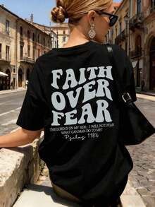 1pcs Plus Size Women's T-Shirt, Printed With "FAITH OVER FEAR" And Bible Verse Designs On The Back, Suitable For Church Services, Religious Activities - 黑色 - 查看 3