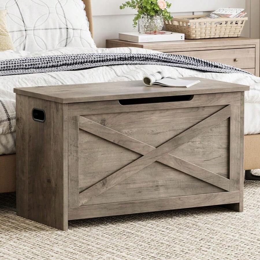 Large Wooden Storage Bench 76 Cm With Sturdy Hinges – Versatile As A Chest, Bench, Shoe Bench And Storage Box – For Hallway, Bedroom, Living Room – Country Style - 灰色 - 查看 1