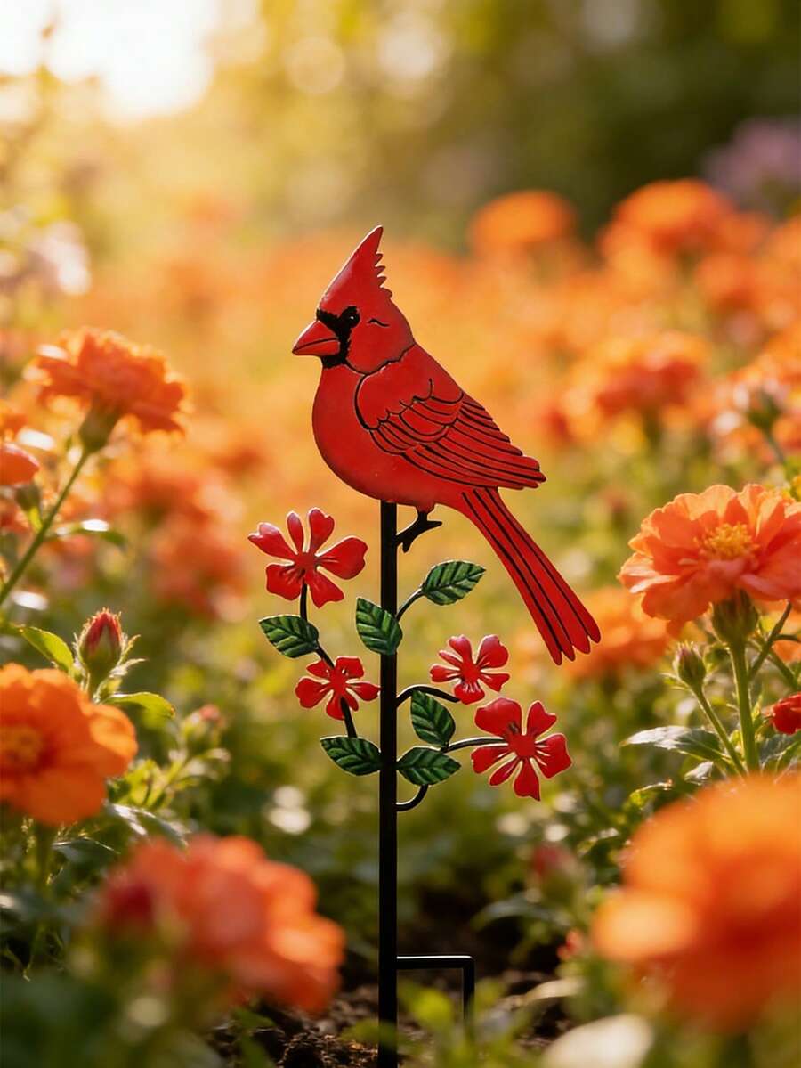 1个红色红雀金属花园插牌，户外装饰鸟类雕塑，庭院艺术品，适用于花盆、小径、露台、草坪、后院，可作纪念礼物。生动的红色红雀花园插牌艺术摆件，户外雕塑装饰插牌，送给妈妈和爱鸟人士的防水露台门廊庭院装饰，独特的乔迁礼物，送给爱鸟人士和园丁。