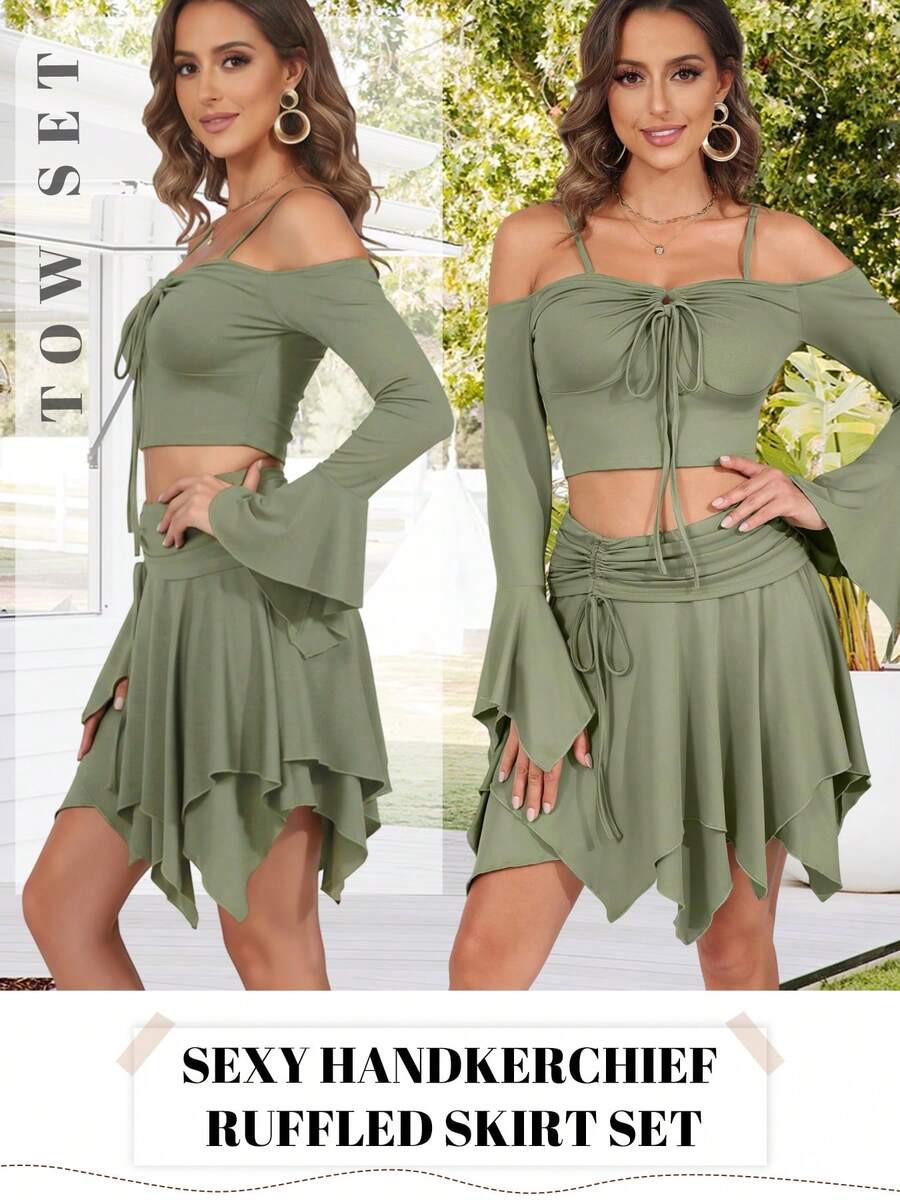 ThusFar Sexy Fairy Off-Shoulder Ruffled Duo| Corset Crop & High-Waist Skater Skirt| Sparkly Y2K Fairycore| Birthday-Party To Rave Essential - màu xanh lá - Xem 1