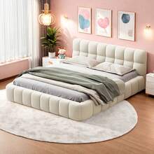 FEEOHOME Bubble Upholstered Bed, 140x190cm, Double Bed With Upholstered Headboard And Slatted Base, Youth Bed, Flat Bed Frame For Bedrooms, Rooms, Apartments, Linen, Without Mattress, Beige - 米色 140x190 - 查看 10